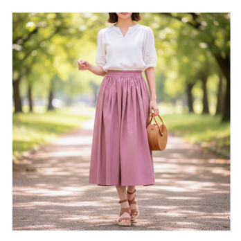 肌触り抜群の綿コットン⤴ギャザーたっぷりウエストゴムで軽い穿き心地がクセになる広がりすぎないふんわりスカート:大人ピンク