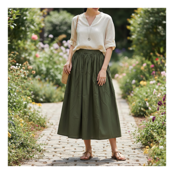 肌触り抜群の綿コットン⤴ギャザーたっぷりウエストゴムで軽い穿き心地がクセになる広がりすぎないふんわりスカート:緑カーキ