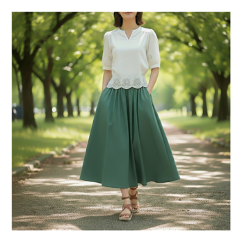 肌触り抜群の綿コットン⤴ギャザーたっぷりウエストゴムで軽い穿き心地がクセになる広がりすぎないふんわりスカート:グリーン
