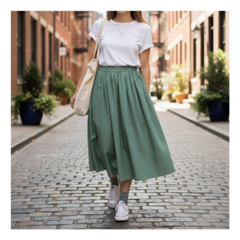 肌触り抜群の綿コットン⤴ギャザーたっぷりウエストゴムで軽い穿き心地がクセになる広がりすぎないふんわりスカート:グリーン