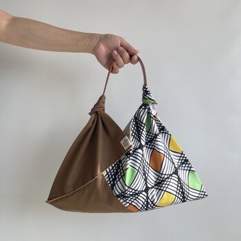 【1点もの】あずま袋 ２色づかい 総手縫い -浴衣地 幾何学模様と新毛斯 濃茶色（ヴィンテージ） AZ230の画像