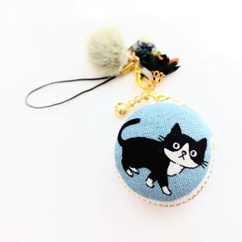 お散歩ネコちゃんのマカロンポーチ(ブルーグリーン）