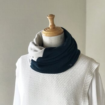 温度を纏う 純カシミヤのふわふわBi-colorねじりスヌード Green-navy/白杢の画像