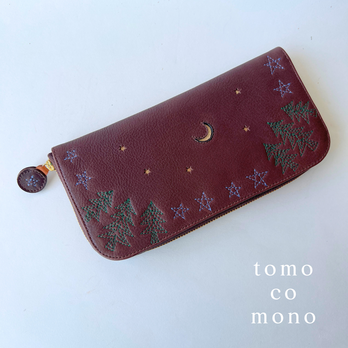 刺繍革財布『森の夜』ダークBROWN×濃グリーン☆Slimラウンドファスナー型☆
