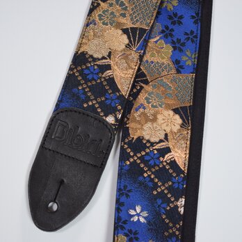 桜と扇　帆布ギターストラップ（藍）京都金襴