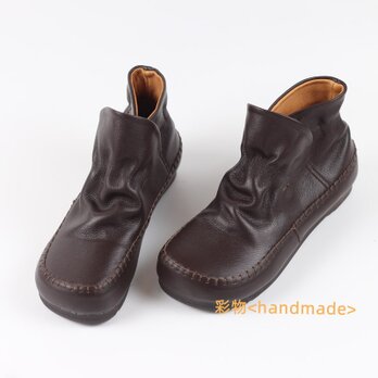 【受注製作】丸トウ　くたっと牛革レザーショートブーツ　靴　手製裁縫　2色　WE234の画像