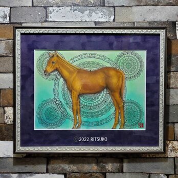 原画 1点もの ボールペン画 色鉛筆画 日本人作家 馬 額装付き 額入り 馬の絵 絵画 絵 アート インテリアの画像
