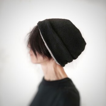 ターバンな帽子　黒ウール＋ナチュラル　送料無料の画像
