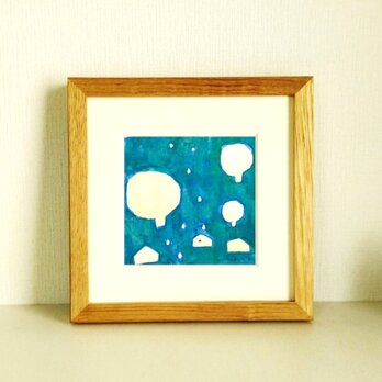 イラスト 原画「雨の日」※木製額縁入り(18×18㎝）水彩　絵画　インテリアアート　一点物