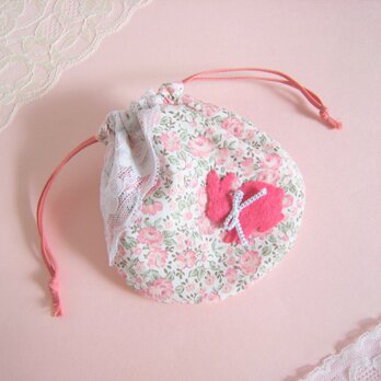 可愛いうさぎのミニ巾着（ピンク花柄）の画像