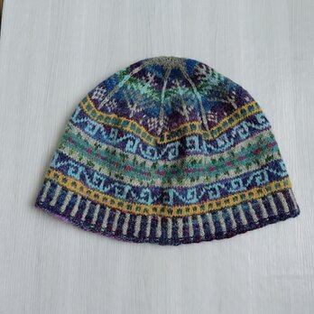 手紡ぎ毛糸の模様編みニット帽【青、紫系】の画像