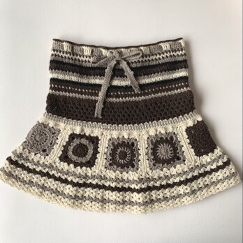ウール100%   あったかニットスカート　ニット　スカート　かぎ針編み　モチーフ　編み物　編物　毛糸　M-Lサイズの画像