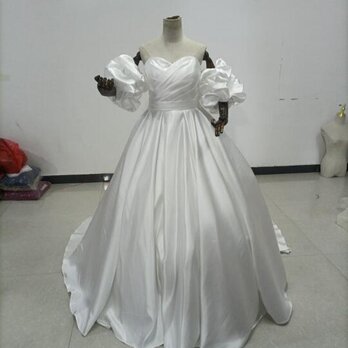上品！オフホワイト ドレス  Aライン トレーン ベアトップ 取り外し袖 結婚式/披露宴の画像