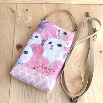 ＜猫と薔薇＞　スマホポーチ　持ち手/ショルダー　帆布裏地　本革ベルトの画像