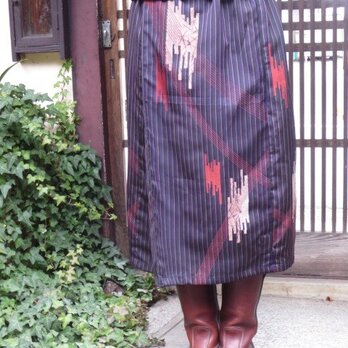 リメイクスカート☆渋いお召の着物から巻き風着物風76cm丈の画像