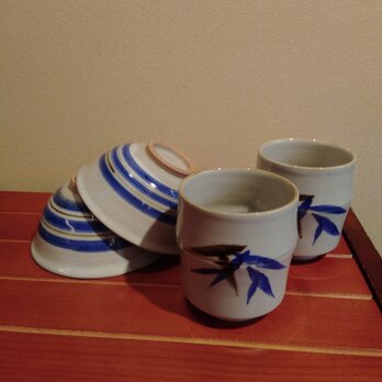縞のお茶碗と竹のお湯飲み　夫婦茶碗セットの画像