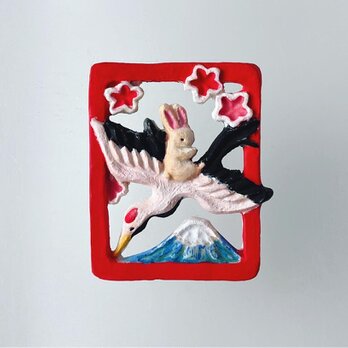 花札　「うさぎと鶴の旅」　ベージュ［陶器ブローチ］の画像
