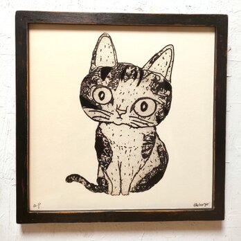 額付き銅版画作品　title「ひらめき猫」
