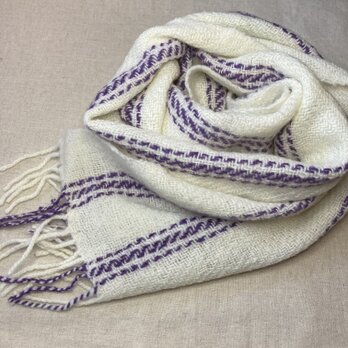 【ウール手紡ぎ・手織り】マフラー　白に紫ラインの画像