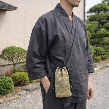 オーダー　ストラップ付スマホケース　「波　金泥ぼかし」　鯉文様