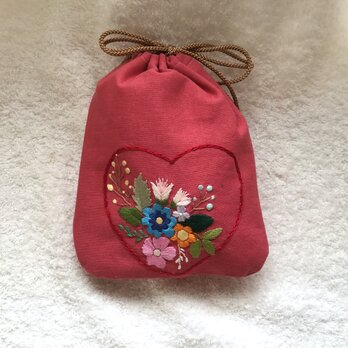花刺繍の巾着～ハート・サーモンピンク～の画像