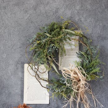 wreath「春の約束」　ミモザの蕾のグリーンリース　　　ドライフラワーリース　　グリーンリース　　ハーフリースの画像