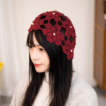 手編み【Lady's】淡水真珠付き帽子の画像