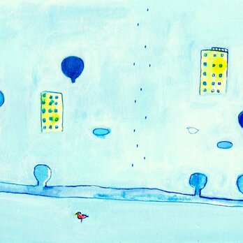 絵画｜原画「ツグミの町」水彩 イラスト※木製額縁入り（八つ切りサイズ）