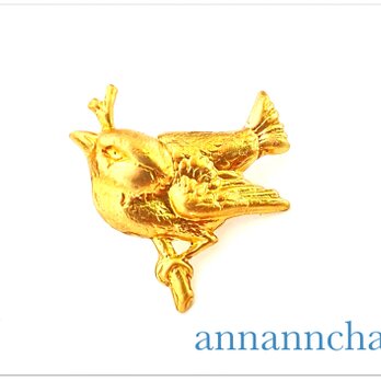 【アメリカ製　真鍮　枝にとまった小鳥　ピンブローチ】の画像