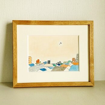 原画「夕方の町並み」※木製額縁入り（インチサイズ）の画像