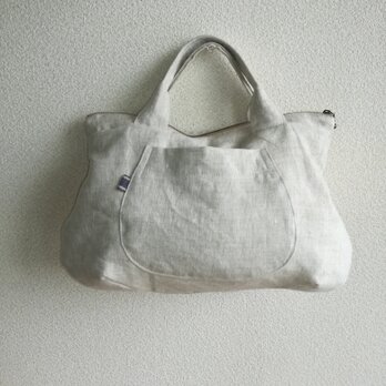 Linen・リネン・手提げファスナーBAG ・natural color・の画像