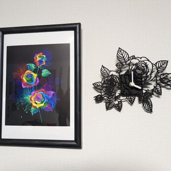 Rose 薔薇 バラの花 ローズ ラインアート 3Dプリンター 掛時計 黒 インテリア雑貨の画像