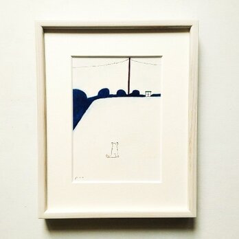 犬の絵｜原画「夕暮れの公園で」※木製額縁入り（八つ切りサイズ）