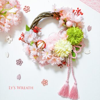 春風桜と春色マムのリースの画像