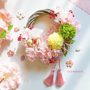 春風桜と春色マムのリースの画像