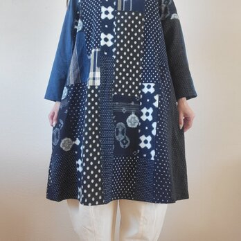 着物リメイク　古布　手作り　　絣　パッチワーク　ワンピースの画像