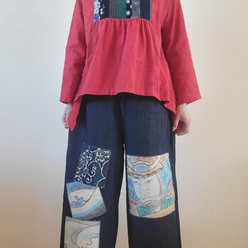 着物リメイク　古布　手作り　縞にのぼり旗　パッチワーク　パンツの画像