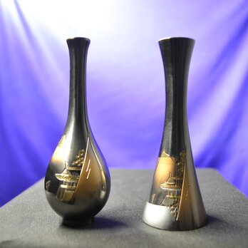 山水　豆花瓶セット　国光花瓶　　　　　[銅製・手彫り彫金]の画像