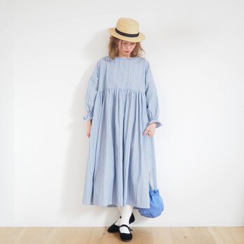 Organic cotton stripe gather one-piece BLUEの画像