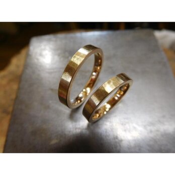 k24 結婚指輪 手作り【純金×鍛造】シンプル 槌目 平打ちリング 幅3mm くすみ加工の画像