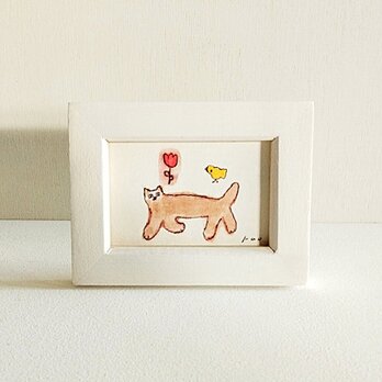 原画「散歩」※木製ミニ額縁入り　　イラスト・水彩・猫・アクリル画・小さい絵の画像