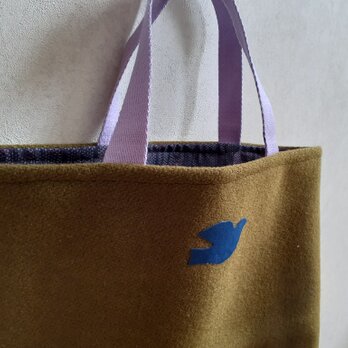 ツイードトートバッグ上品オリーブ色と青い小鳥さんの画像