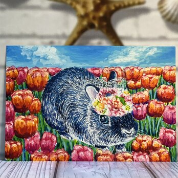うさぎのポストカード　うさちゃん花冠でチューリップ畑でまったりタイム♡ 同柄ポストカード5枚セットの画像
