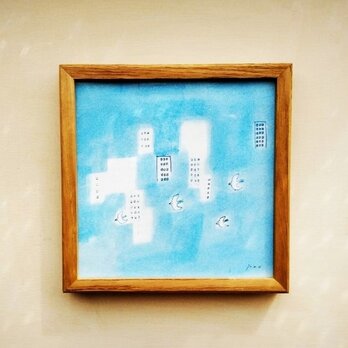 原画「青空へ」 ※木製額縁入り（18×18㎝フレーム）水彩画・絵画・水色の画像