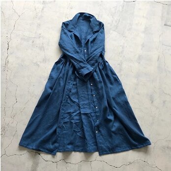 秋お勧め"blue"リネンロングギャザーシャツ＊LINEN100％ 　【受注生産品】の画像