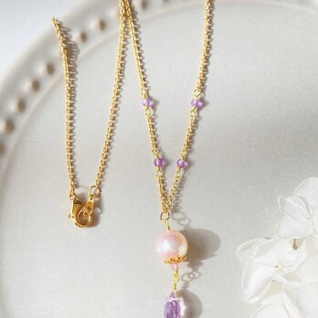 【2月の誕生石】宝石質ピンクアメジストとあこや真珠のネックレス ac/111の画像
