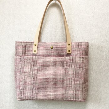 裂き織り　桜カラ―のショルダーバッグ（ヌメ革持ち手）の画像
