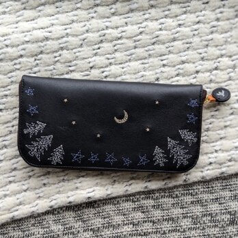 刺繍革財布『夜の森』牛革BLACK×2色（ラウンドファスナー型）の画像