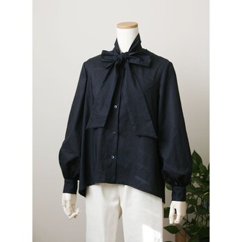 【sale】ボーカラーのブラウス　コットンローン　ネイビー（M）の画像