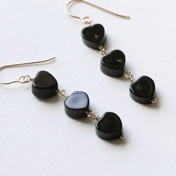 ブラックトルマリン ハートピアス／イヤリング 小ぶり 揺れる 天然石 14Kgf 10月誕生石 大人アクセサリー ギフト